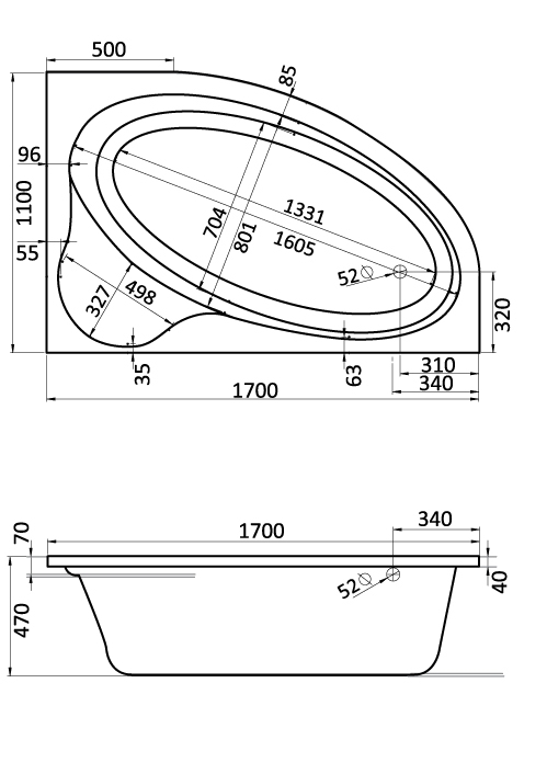 Акриловая ванна Santek ЭДЕРА ассиметричная 170x110 см, правая (панель+каркас) 